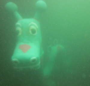 ...two metres high and five metres long ... green with reddish patches and serpentine in form with fin like structures along its back. The large horse-like head possessed two horns